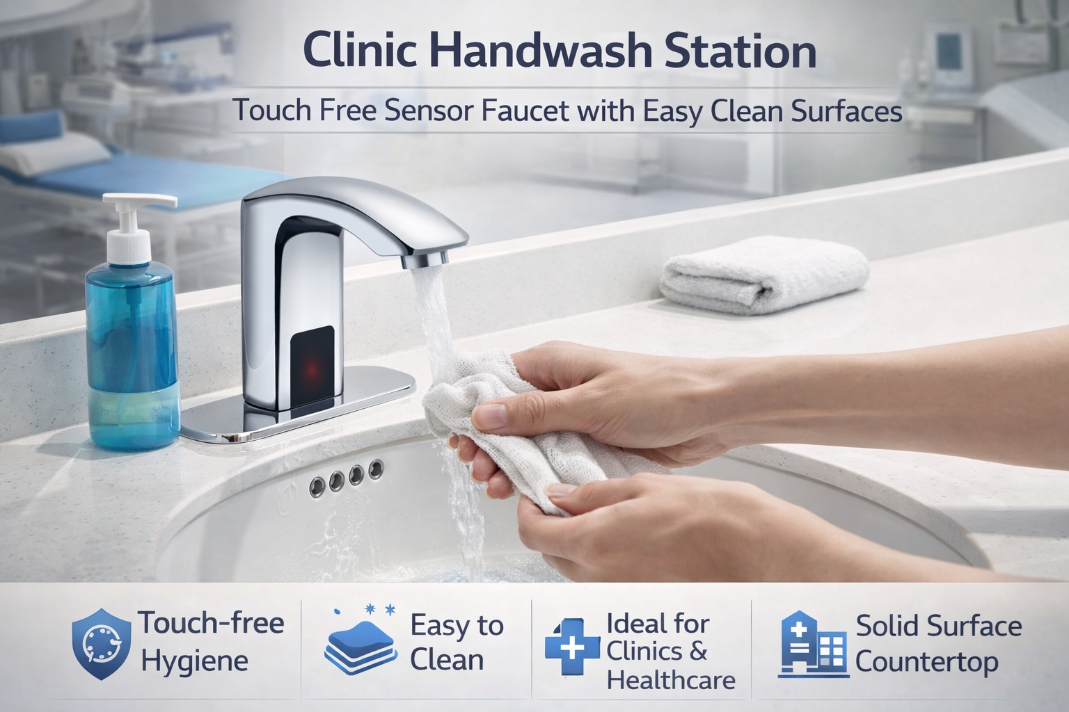 Clinic handwash station using touch free sensor faucet with easy clean surfaces